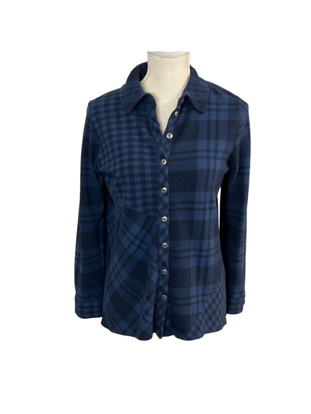 Women's Soft Surroundings Navy Plaid Button Up Tunic. Size PM